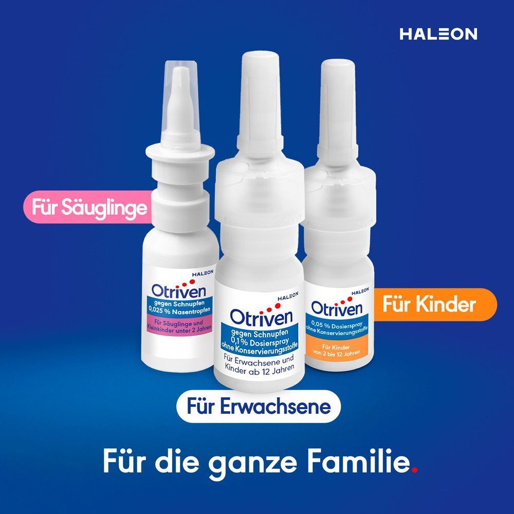 Drei Otriven-Nasenspray-Flaschen. Für Säuglinge, Erwachsene und Kinder. Blaue Grafik. Text: Für die ganze Familie.