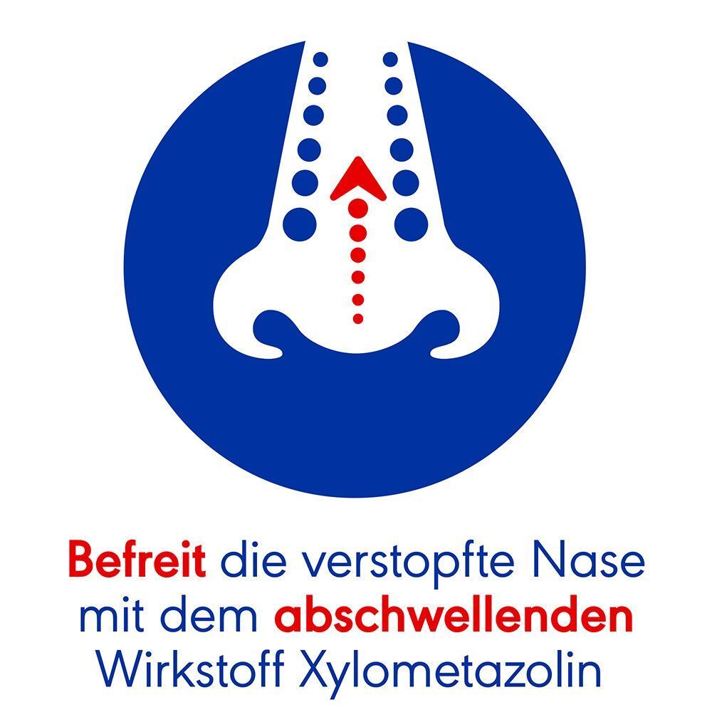 Blauer Kreis mit Nasen-Illustration und rotem Pfeil. Text: Befreit die verstopfte Nase mit dem abschwellenden Wirkstoff Xylometazolin.