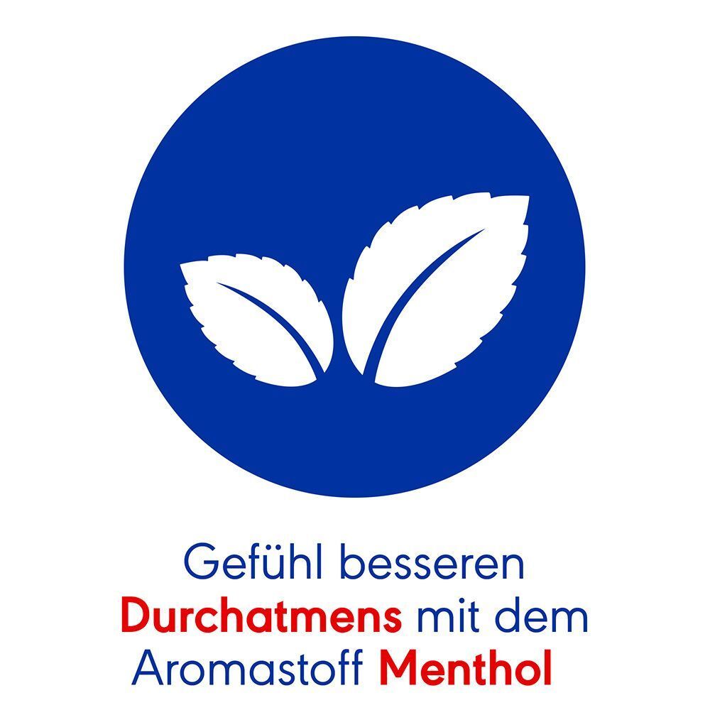 Blauer Kreis mit zwei grünen Blättern. Text: Gefühl besseren Durchatmens mit dem Aromastoff Menthol.