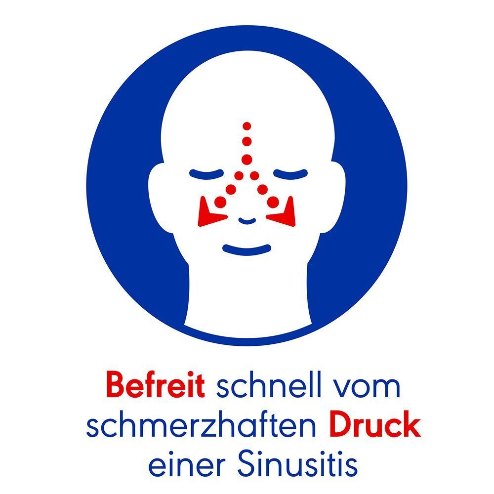 Blauer Kreis mit Kopf-Illustration. Text: Befreit schnell vom schmerzhaften Druck einer Sinusitis.