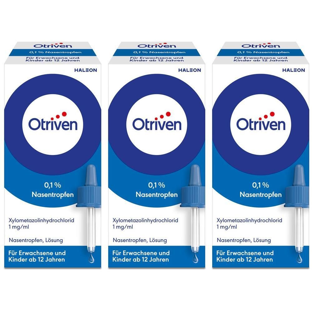 Drei Schachteln Otriven Nasentropfen. Blaue und weiße Verpackung mit Produktinformationen und Tropfer-Abbildung.