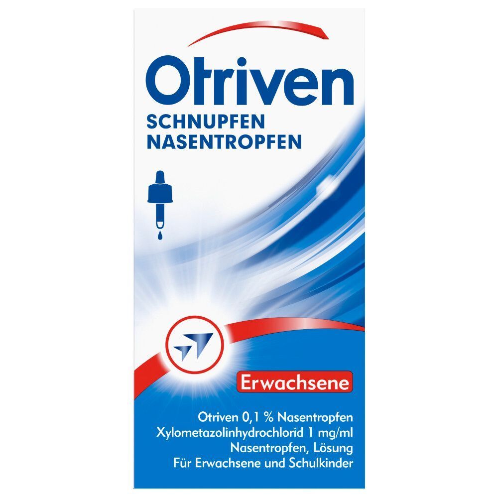 Schachtel Otriven Nasentropfen. Blaue und weiße Verpackung mit Produktinformationen und Tropfer-Abbildung.