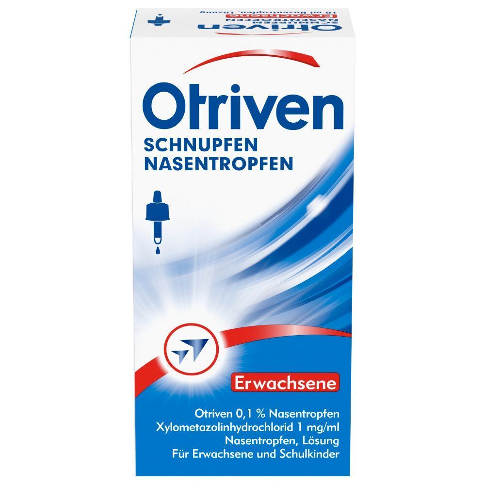 Schachtel Otriven Nasentropfen. Blaue und weiße Verpackung mit Produktinformationen und Tropfer-Abbildung.
