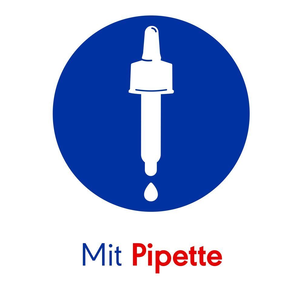 Blauer Kreis mit Pipetten-Illustration. Text: Mit Pipette.