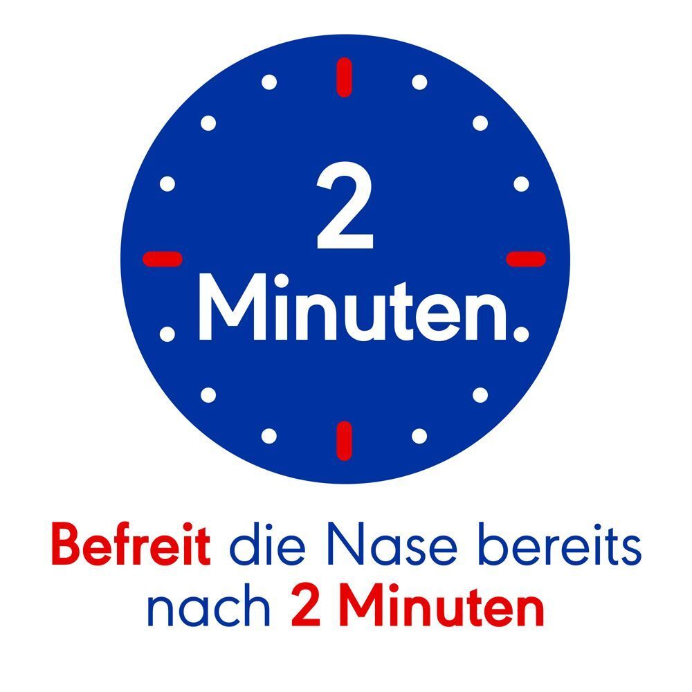 Blauer Kreis mit Uhr-Illustration. Text: Befreit die Nase bereits nach 2 Minuten.