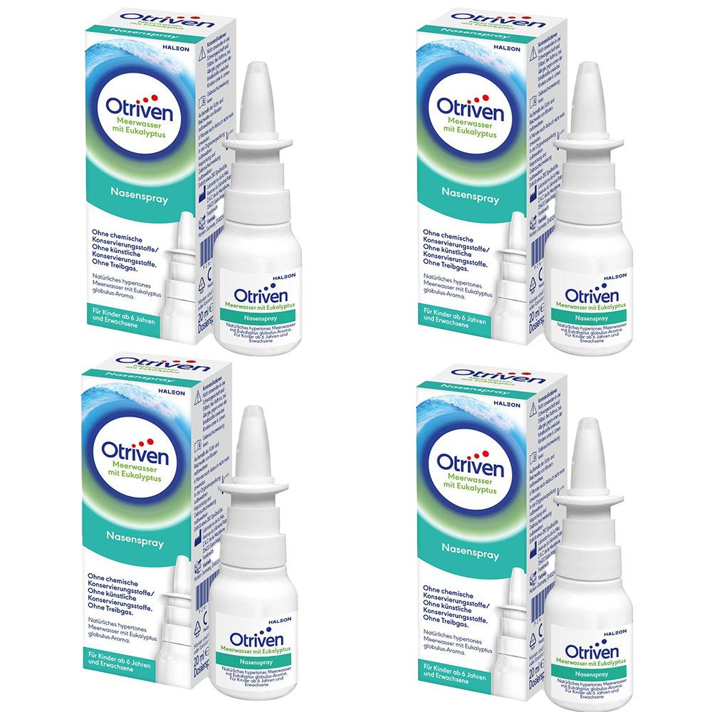 Mehrere Packungen und Flaschen Nasenspray. Auf den Verpackungen steht "Otriven Meerwasser mit Eukalyptus".