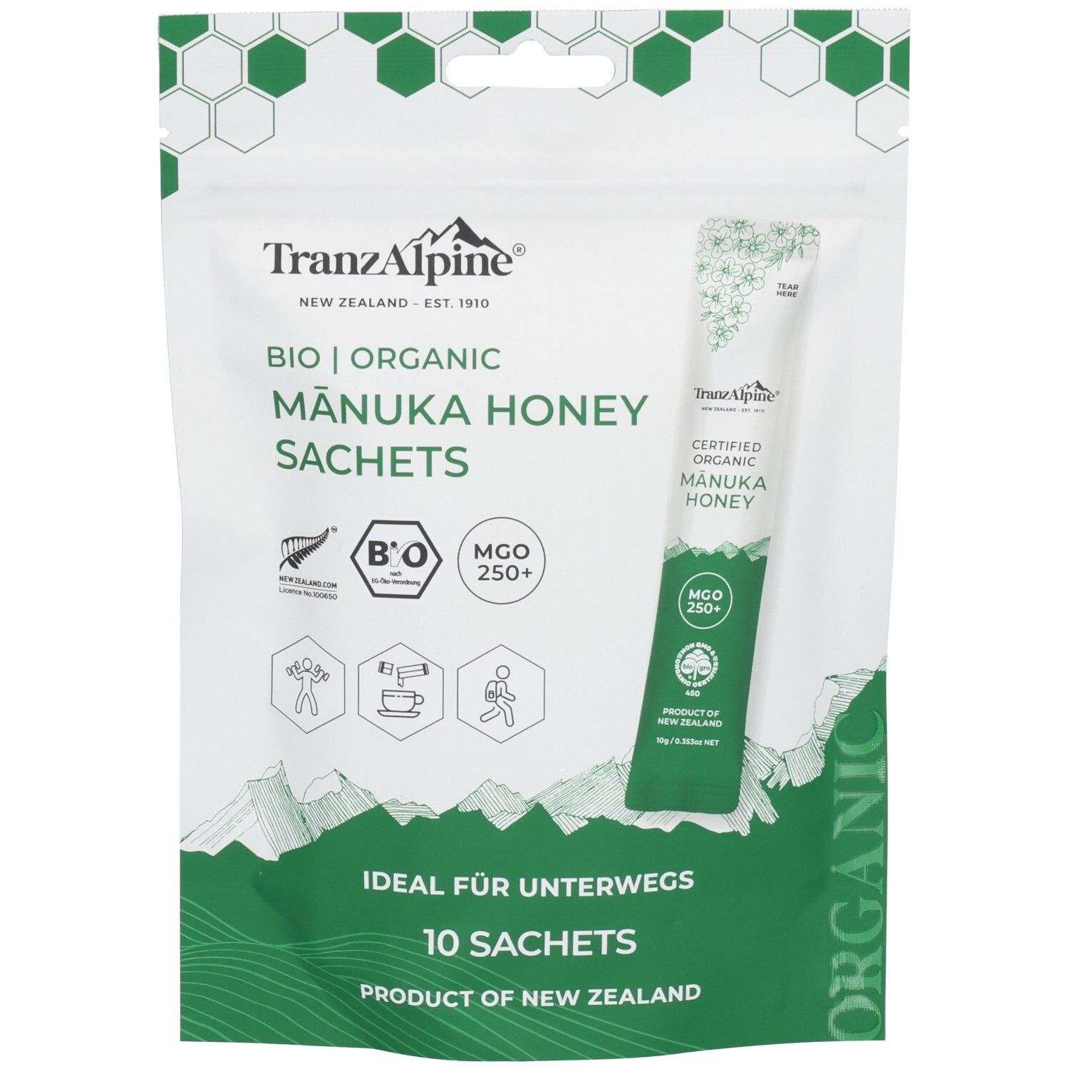 TranzAlpine100 % Bio Manuka Honig Sachets MGO 250+ 10x10 g