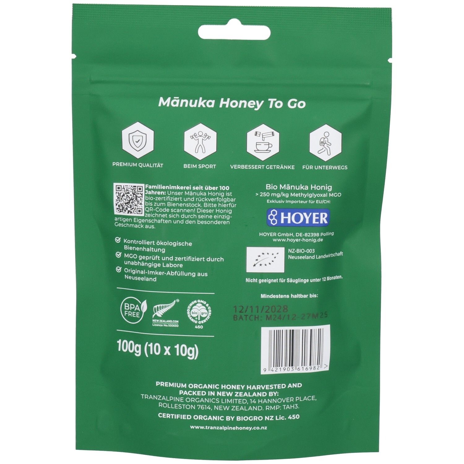 Rückseite der Honig-Sachets-Verpackung. Text: Manuka Honey To Go. Informationen zu Inhaltsstoffen, Zertifizierungen und Hersteller.