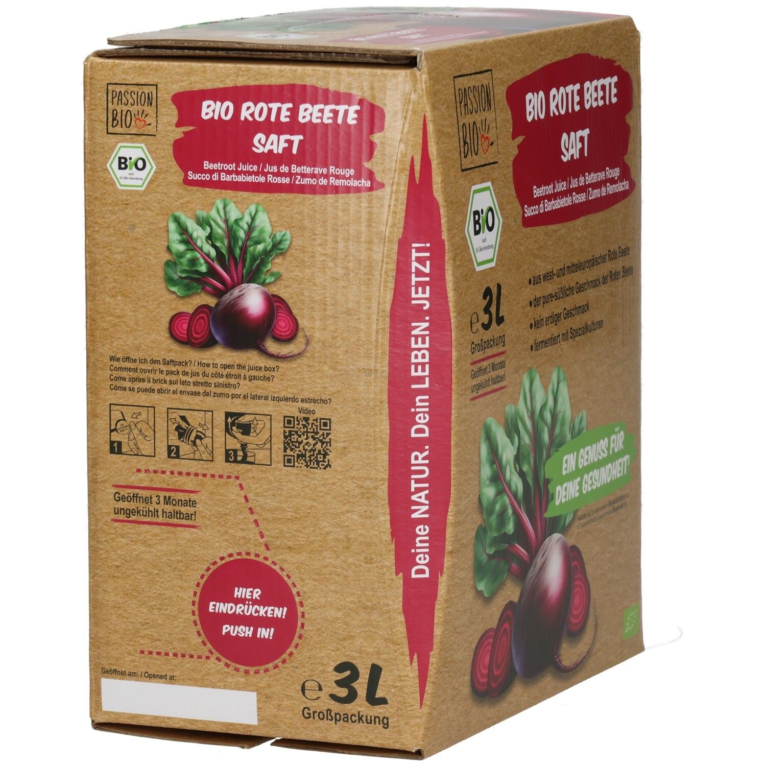 Rückseite des Bio Rote Beete Saft 3L BiB Kartons. Enthält Anweisungen, QR-Code und Text: Deine Natur. Dein Leben. Jetzt! 3L Großpackung.