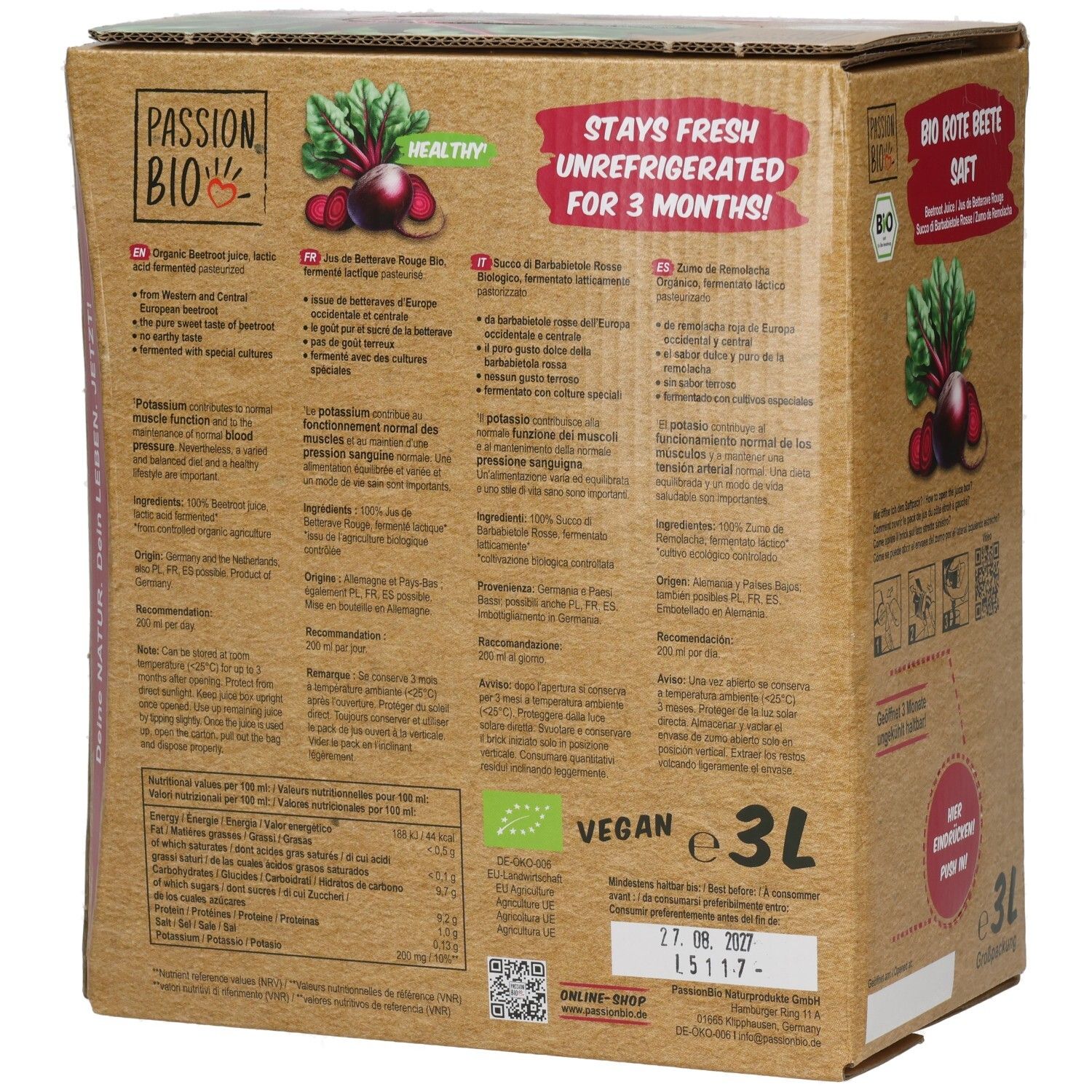 Rückseite des Bio Rote Beete Saft 3L BiB Kartons. Enthält Nährwertangaben, Inhaltsstoffe, Vegan-Siegel und Text: 3L, 27.08.2027.