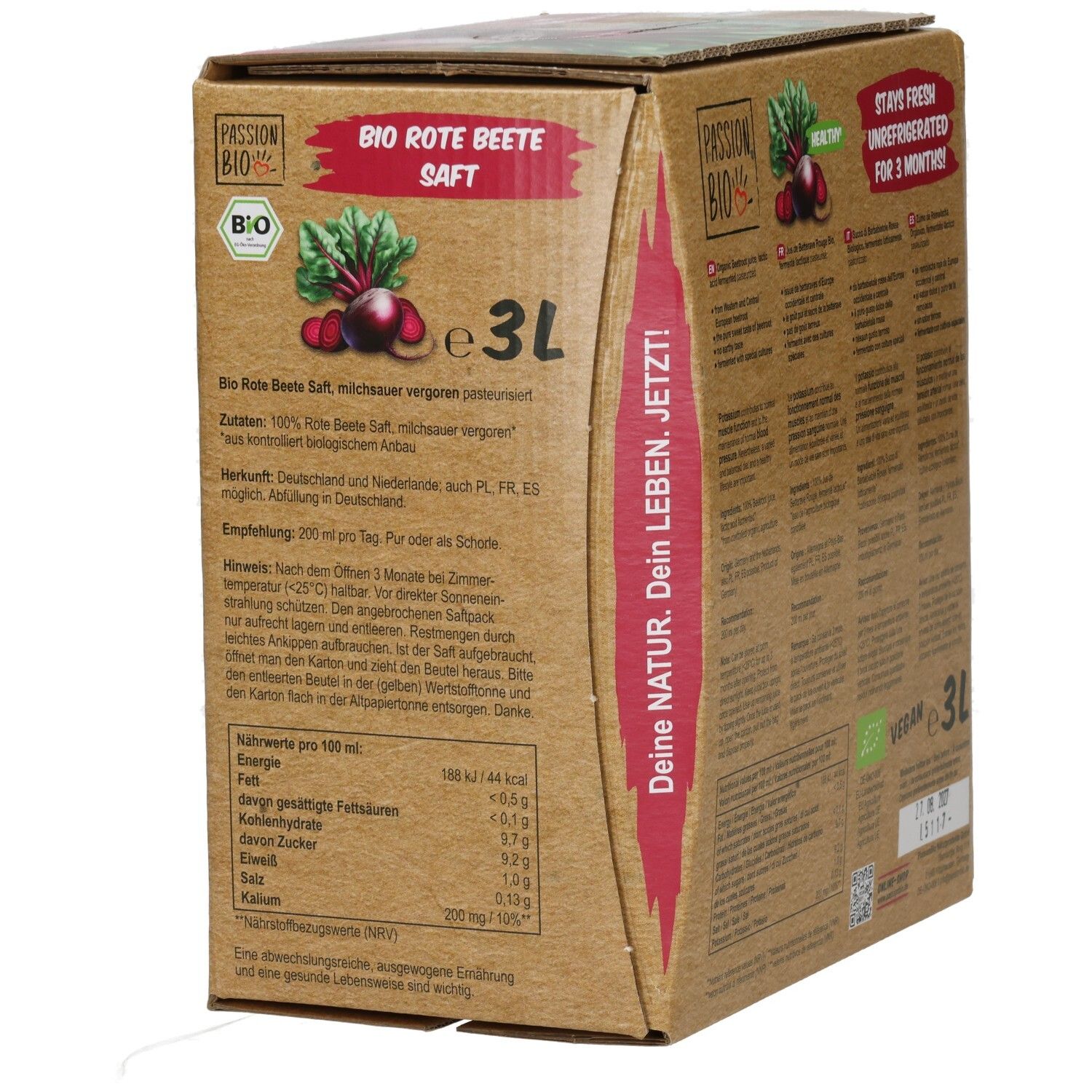 Seite des Bio Rote Beete Saft 3L BiB Kartons. Enthält Text: Bio Rote Beete Saft, 3L, Großpackung, und Nährwertangaben pro 100ml.