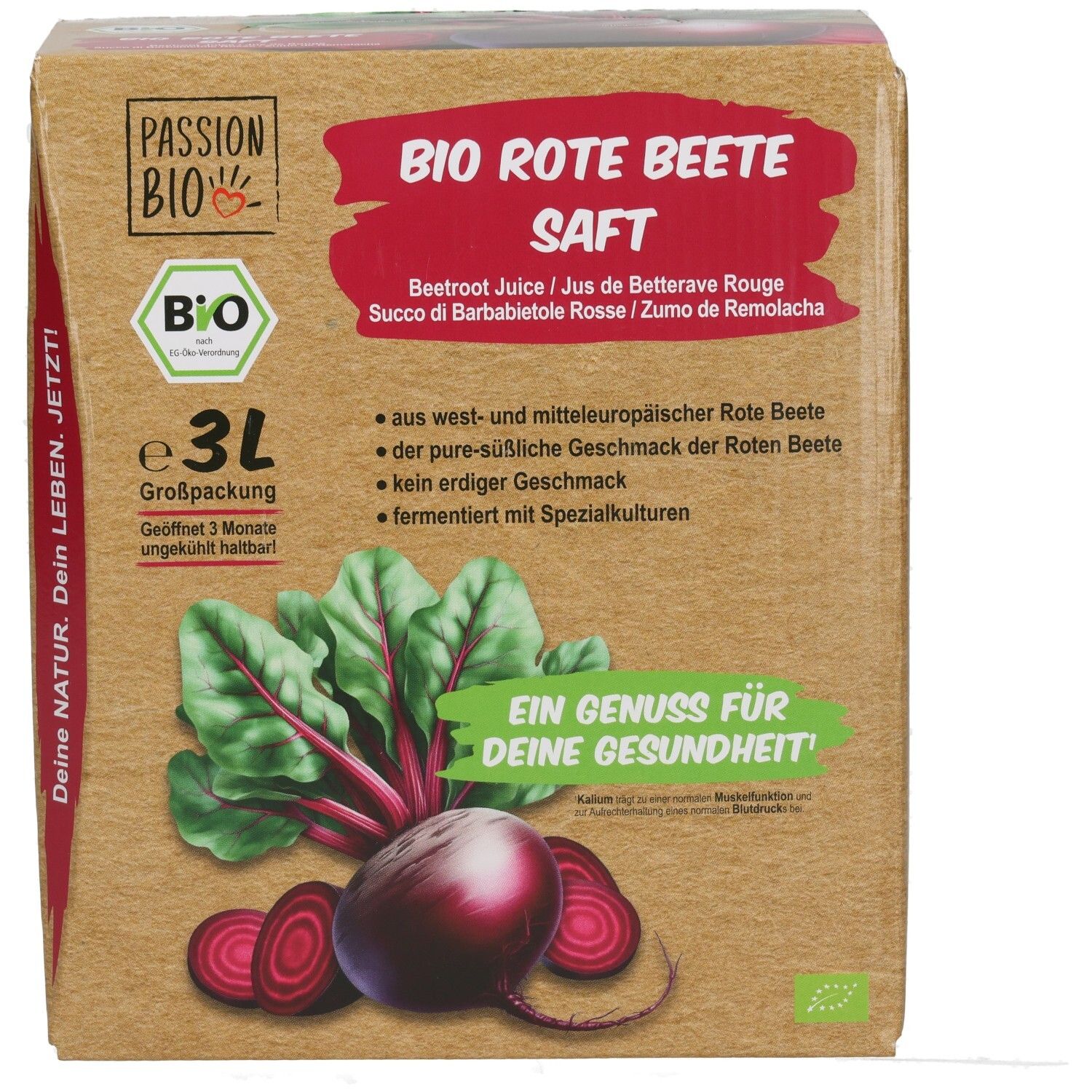 Bio Rote Beete Saft 3L BiB. Karton mit Abbildung von Rote Bete und Blättern. Text: Bio, 3L, Ein Genuss für Deine Gesundheit.