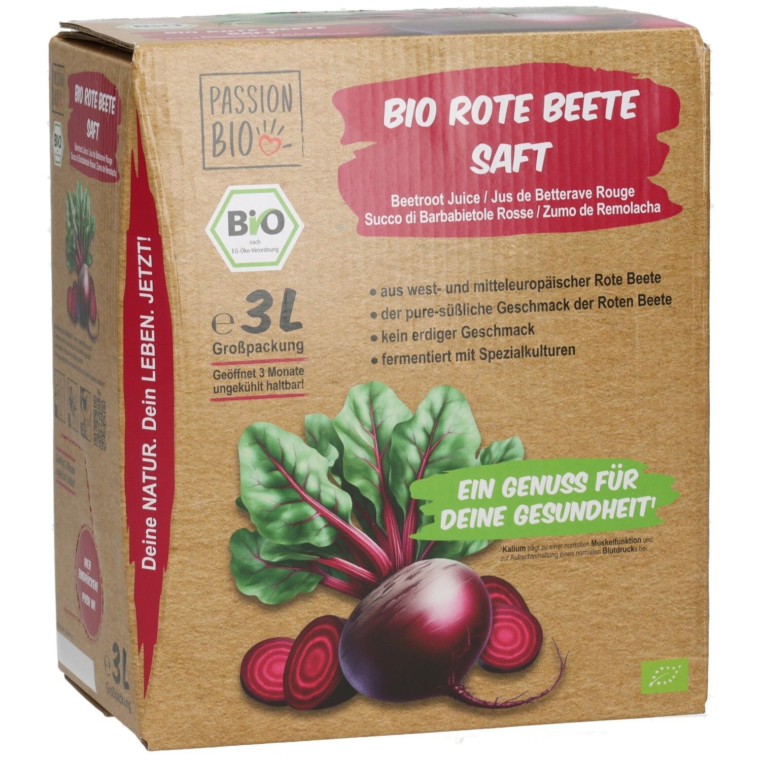 Bio Rote Beete Saft 3L BiB. Karton mit Abbildung von Rote Bete und Blättern. Text: Bio, 3L, Ein Genuss für Deine Gesundheit.