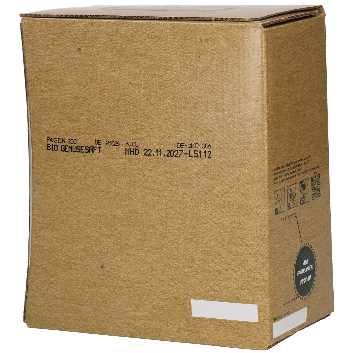 Seite einer 3L Packung Passion Bio Gemüsesaft mit MHD und Chargennummer.