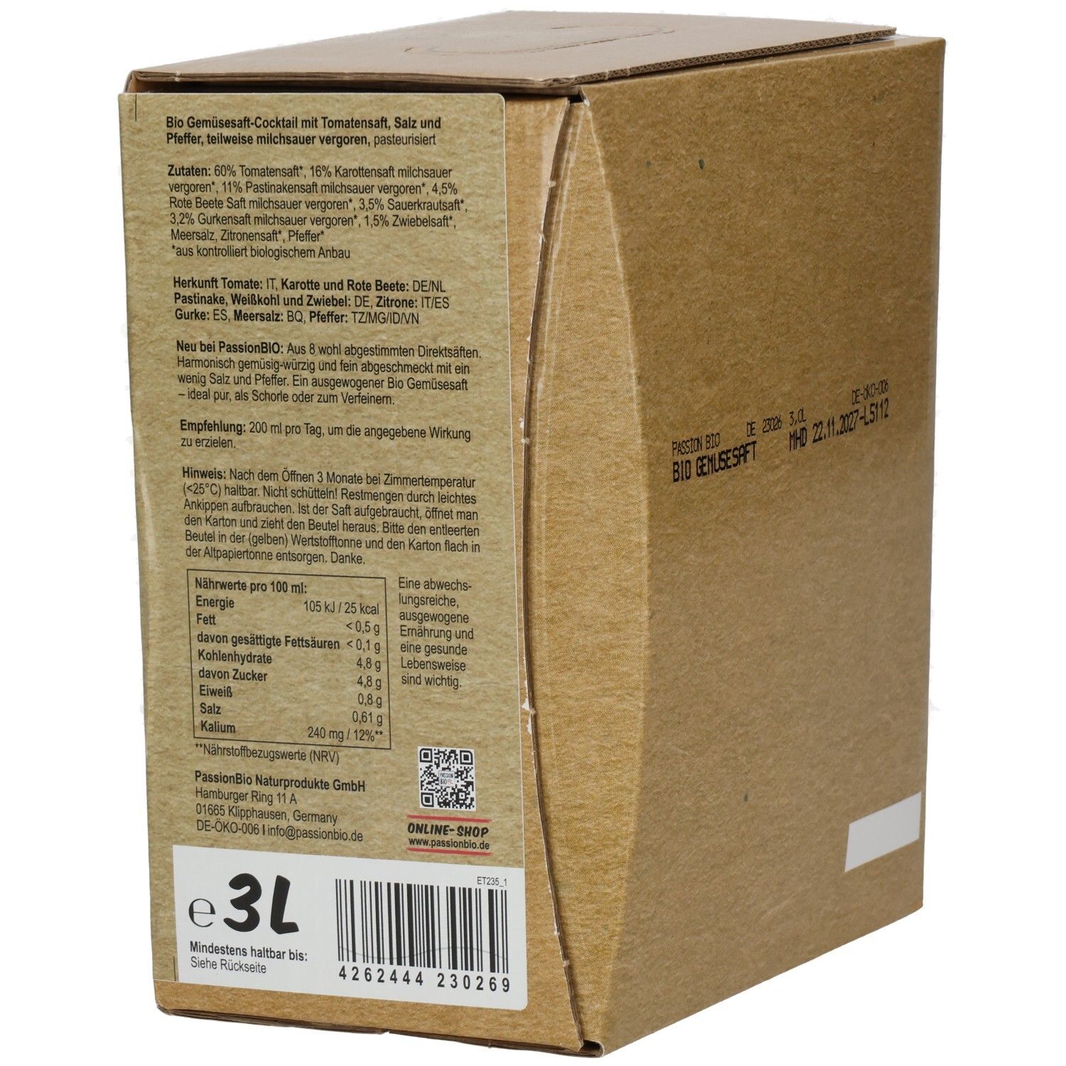 Rückseite einer 3L Packung Passion Bio Gemüsesaft mit Zutatenliste und Nährwertangaben.