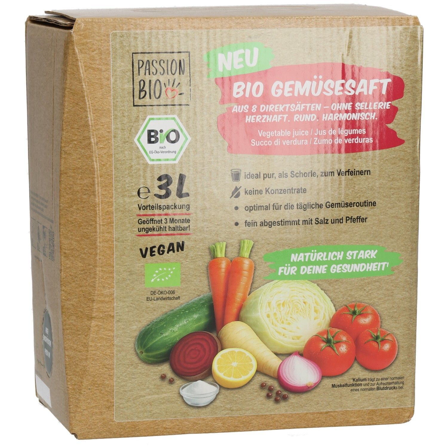 Passion Bio Gemüsesaft 3L Packung mit Karotten, Kohl, Tomaten, Gurke, Roter Bete, Zitrone und Zwiebel.