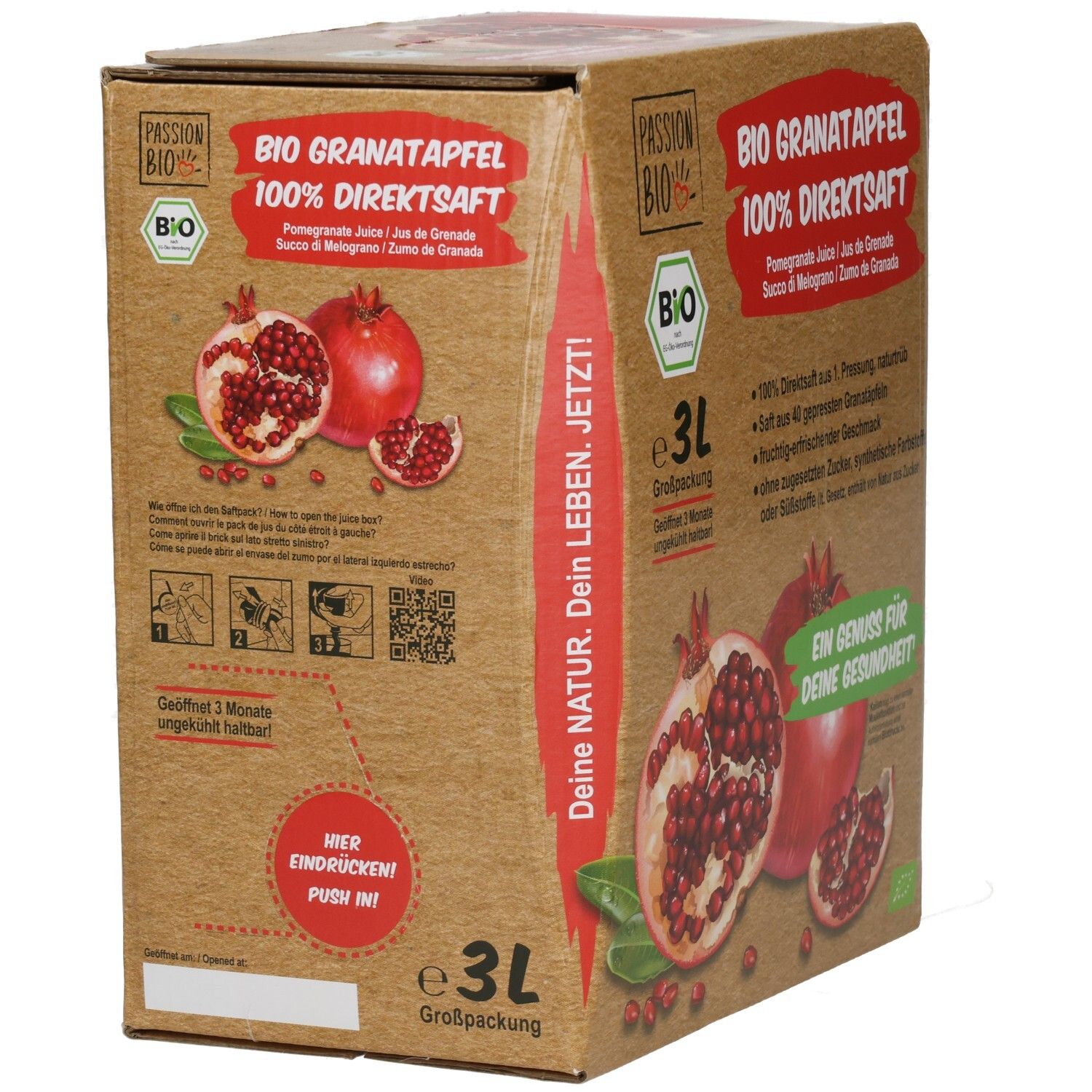 Rückseite der 3L Großpackung BIO Granatapfel 100% Direktsaft mit Anwendungshinweisen.
