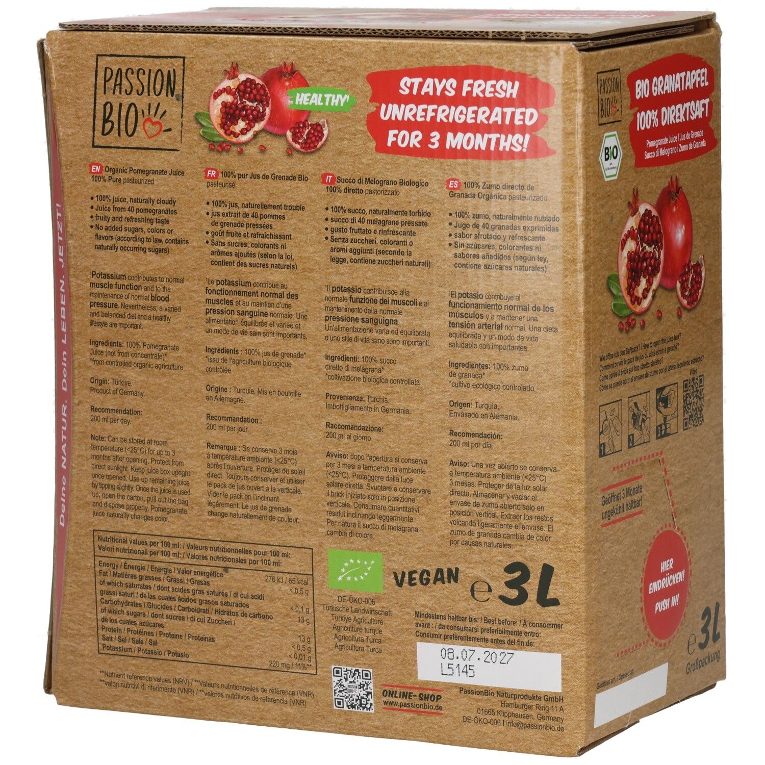 Seite der 3L Großpackung BIO Granatapfel 100% Direktsaft mit Nährwertangaben und Siegeln.