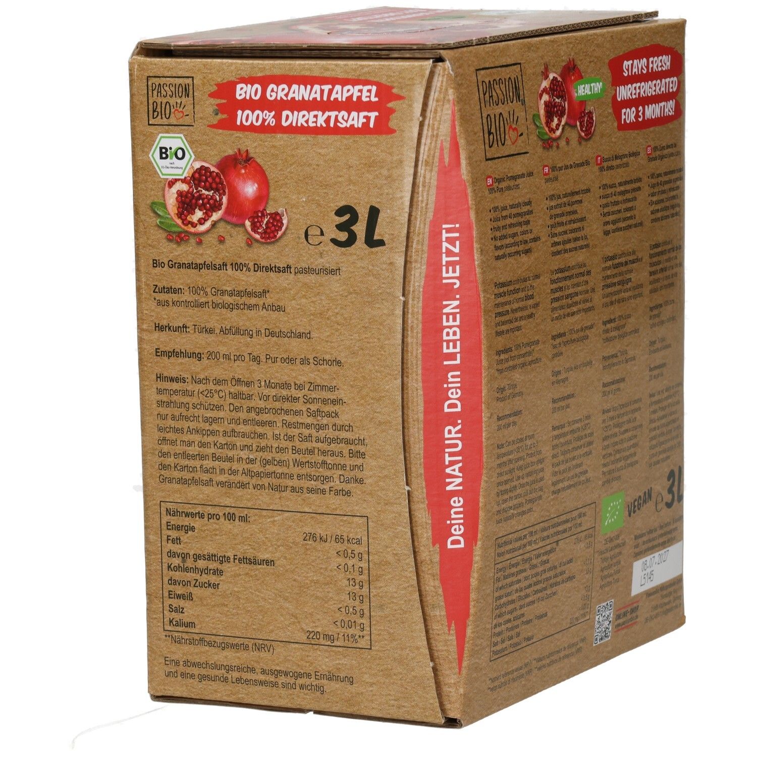 Seitenansicht der 3L Großpackung BIO Granatapfel 100% Direktsaft mit Nährwertangaben.