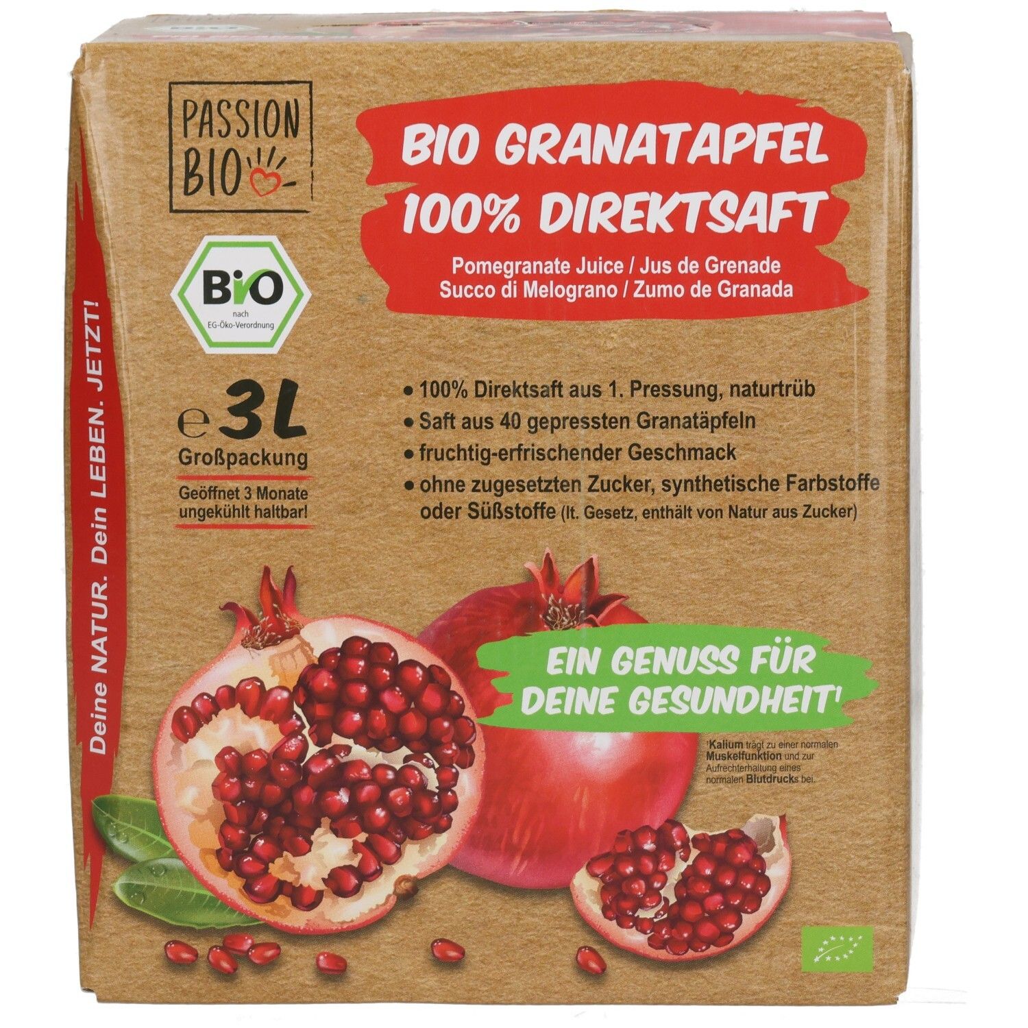 Vorderseite der 3L Großpackung BIO Granatapfel 100% Direktsaft mit Granatäpfeln und Siegeln.