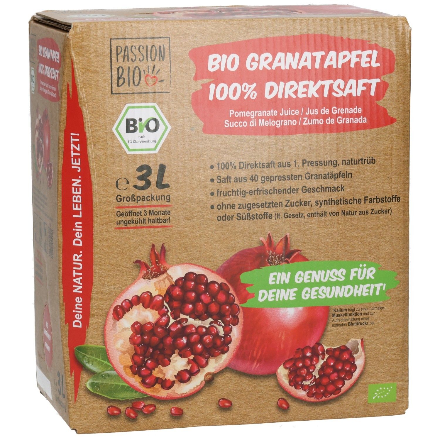 Vorderseite der 3L Großpackung BIO Granatapfel 100% Direktsaft, Fokus auf Granatäpfel und Text.