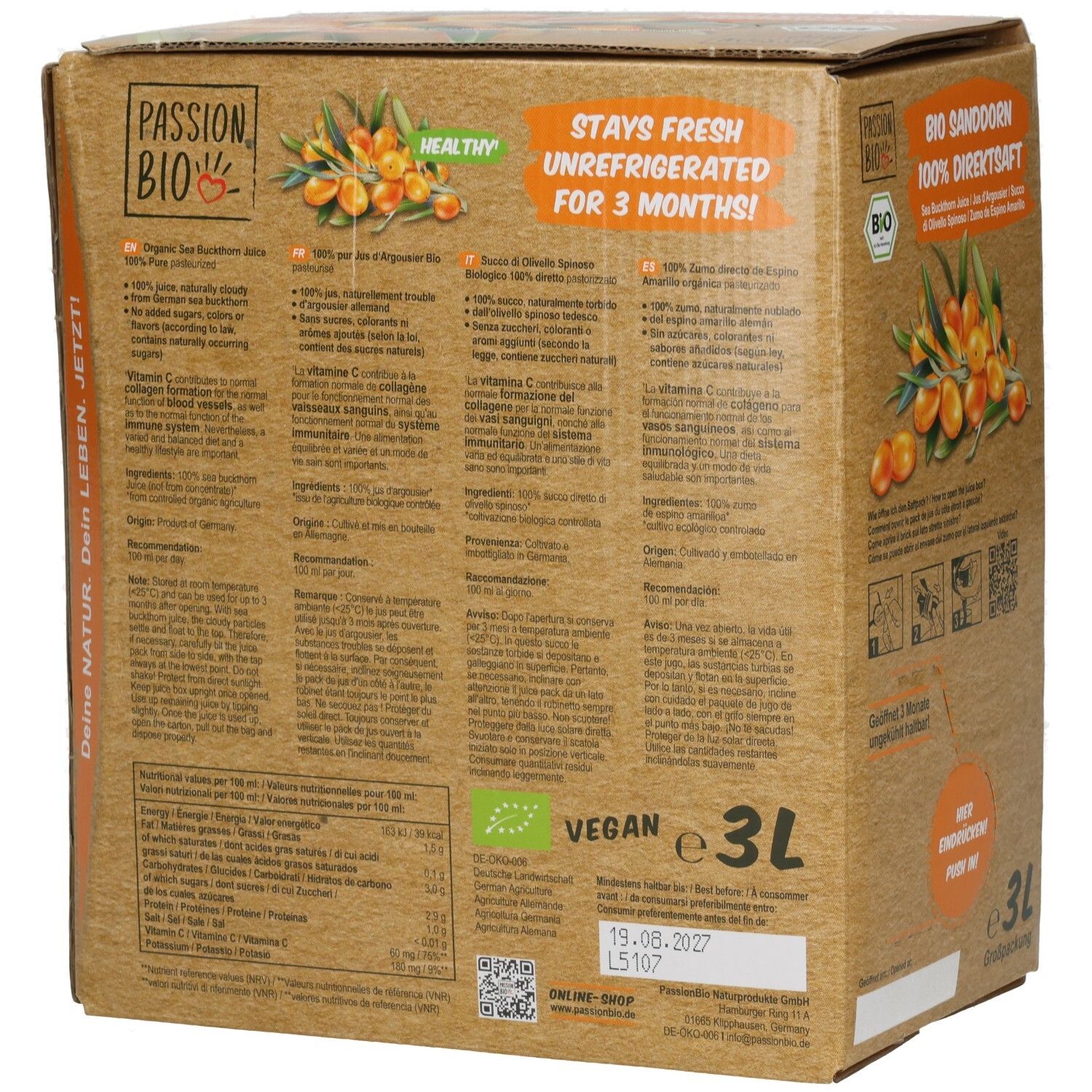 Rückseite der 3L-Verpackung Bio Sanddorn 100% Direktsaft. Enthält Produktinformationen, Nährwertangaben, Bio-Siegel und Vegan-Logo.