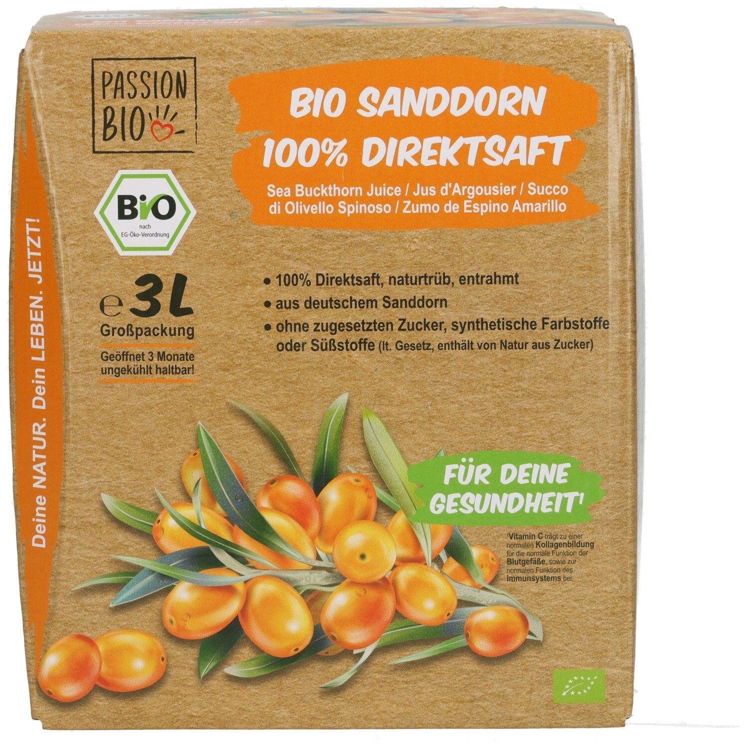 Bio Sanddorn 100% Direktsaft in 3L-Verpackung. Aufdrucke: Bio-Siegel, Produktbezeichnung, Illustration von Sanddornbeeren.