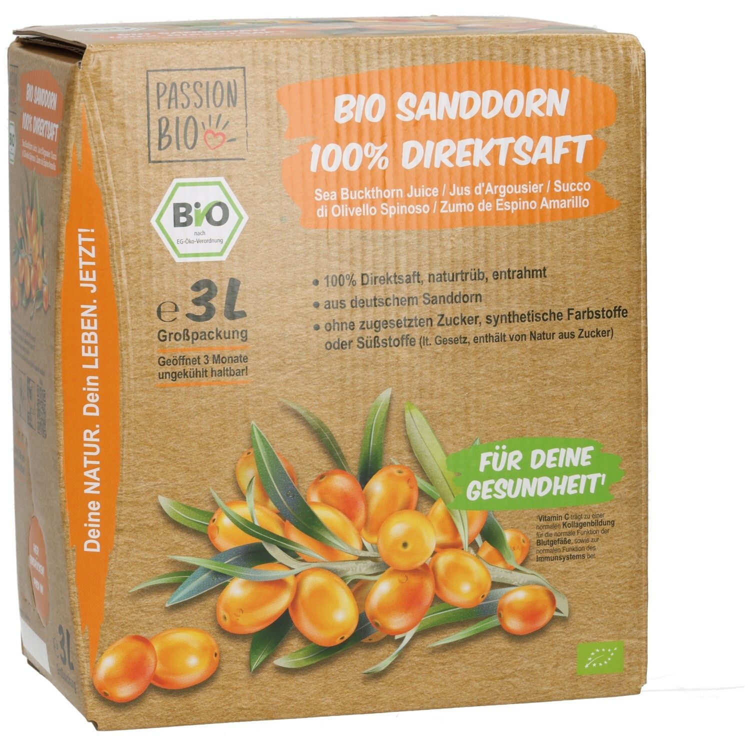 Bio Sanddorn 100% Direktsaft in 3L-Verpackung. Aufdrucke: Bio-Siegel, Produktbezeichnung, Illustration von Sanddornbeeren.