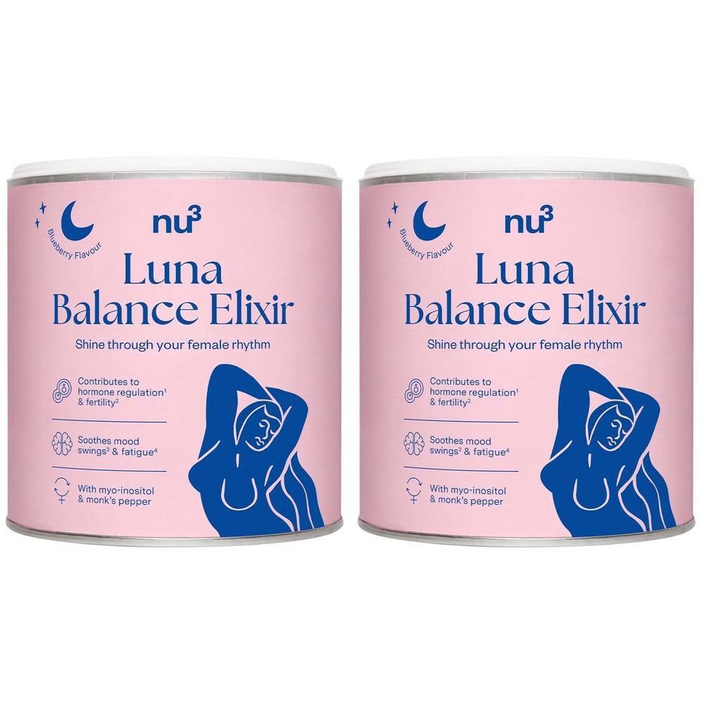 Zwei Dosen nu3 Luna Balance Elixir. Rosa Dose mit blauem Etikett. Text: Luna Balance Elixir, trägt zur Hormonregulierung bei. Blaubeer-Geschmack.