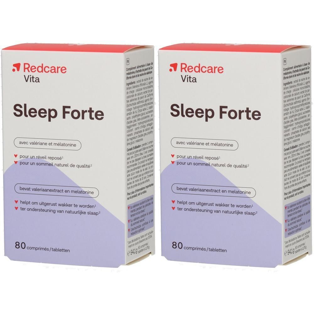 Zwei Schachteln mit der Aufschrift "Redcare Vita Sleep Forte". Jede Schachtel enthält 80 Tabletten. Aufschrift: "avec valériane et mélatonine".