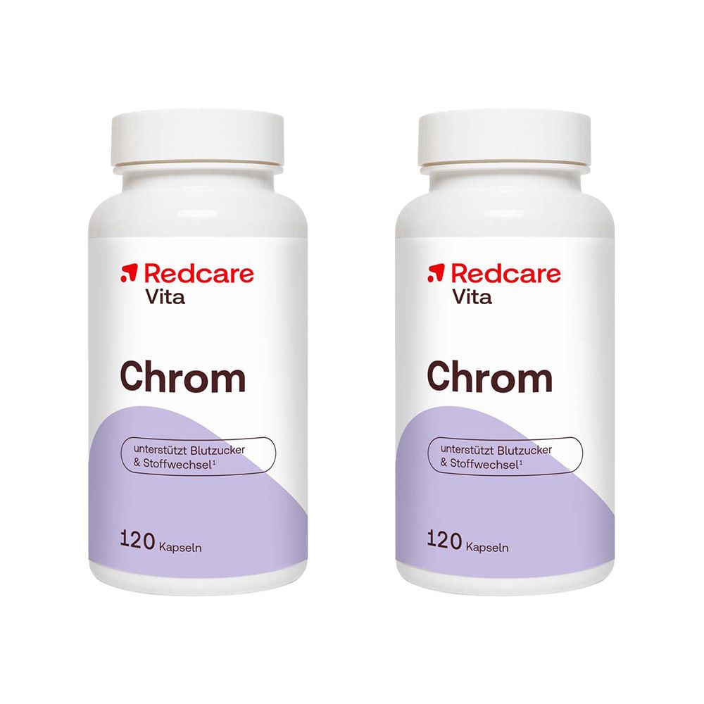 Zwei weiße Flaschen mit dem Aufdruck "Redcare Vita Chrom". Jede Flasche enthält 120 Kapseln und unterstützt Blutzucker & Stoffwechsel.