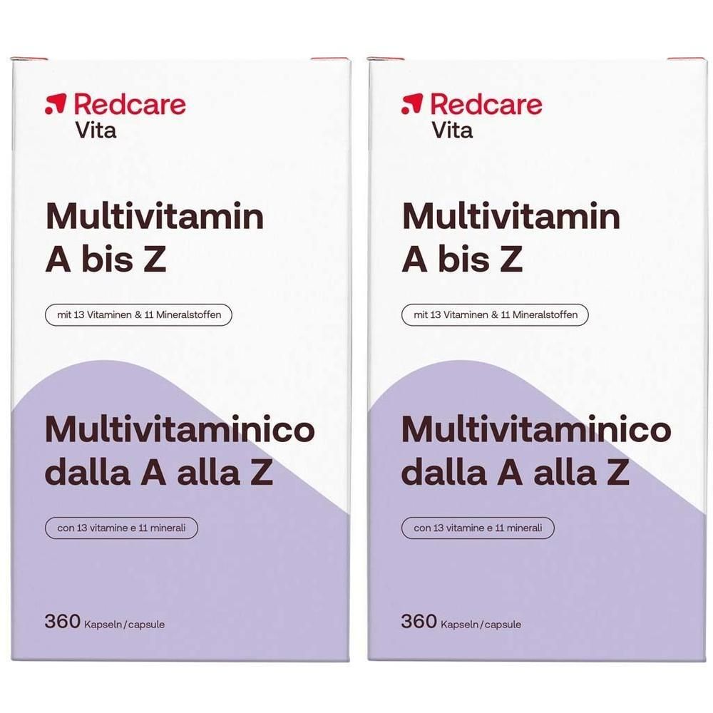 Zwei Packungen Redcare Vita Multivitamin A bis Z. Weiße Verpackung mit lila Akzenten. Text: 360 Kapseln.