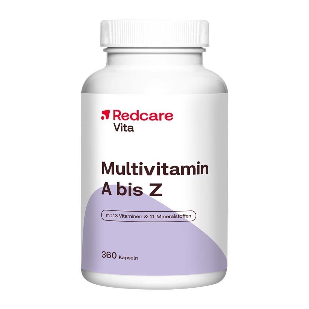 Weiße Flasche Redcare Vita Multivitamin A bis Z. Etikett mit lila Akzent. Text: 360 Kapseln.