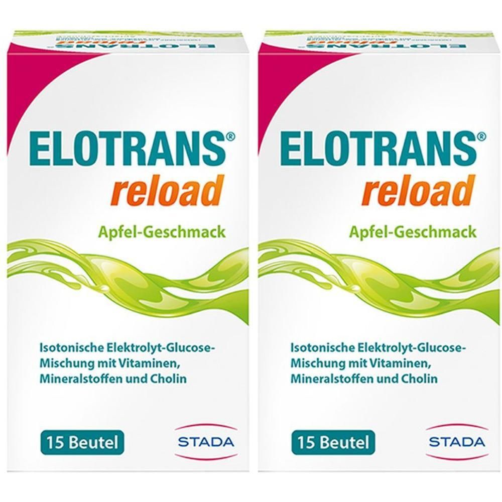 Zwei Kartons ELOTRANS reload Apfel-Geschmack. Aufdruck: Isotonische Elektrolyt-Glucose-Mischung mit Vitaminen, Mineralstoffen und Cholin. 15 Beutel.