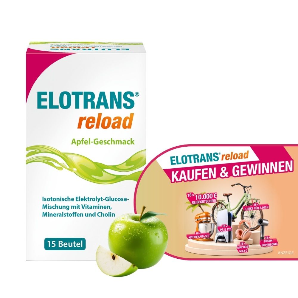 ELOTRANS® reload Apfel-Geschmack Verpackung mit Aktionsbanner 'Kaufen & Gewinnen'.