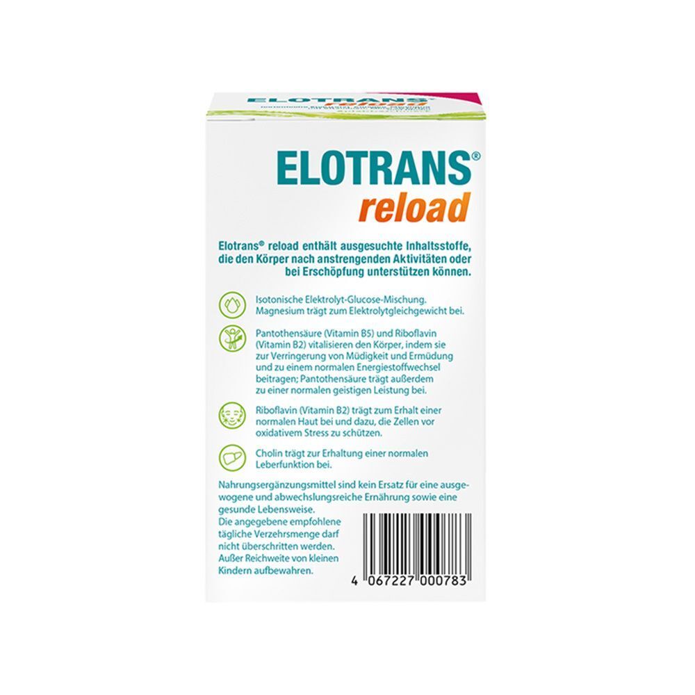 Rückseite einer ELOTRANS reload Packung. Text: Isotonische Elektrolyt-Glucose-Mischung. Enthält Magnesium, Pantothensäure, Riboflavin, Cholin.