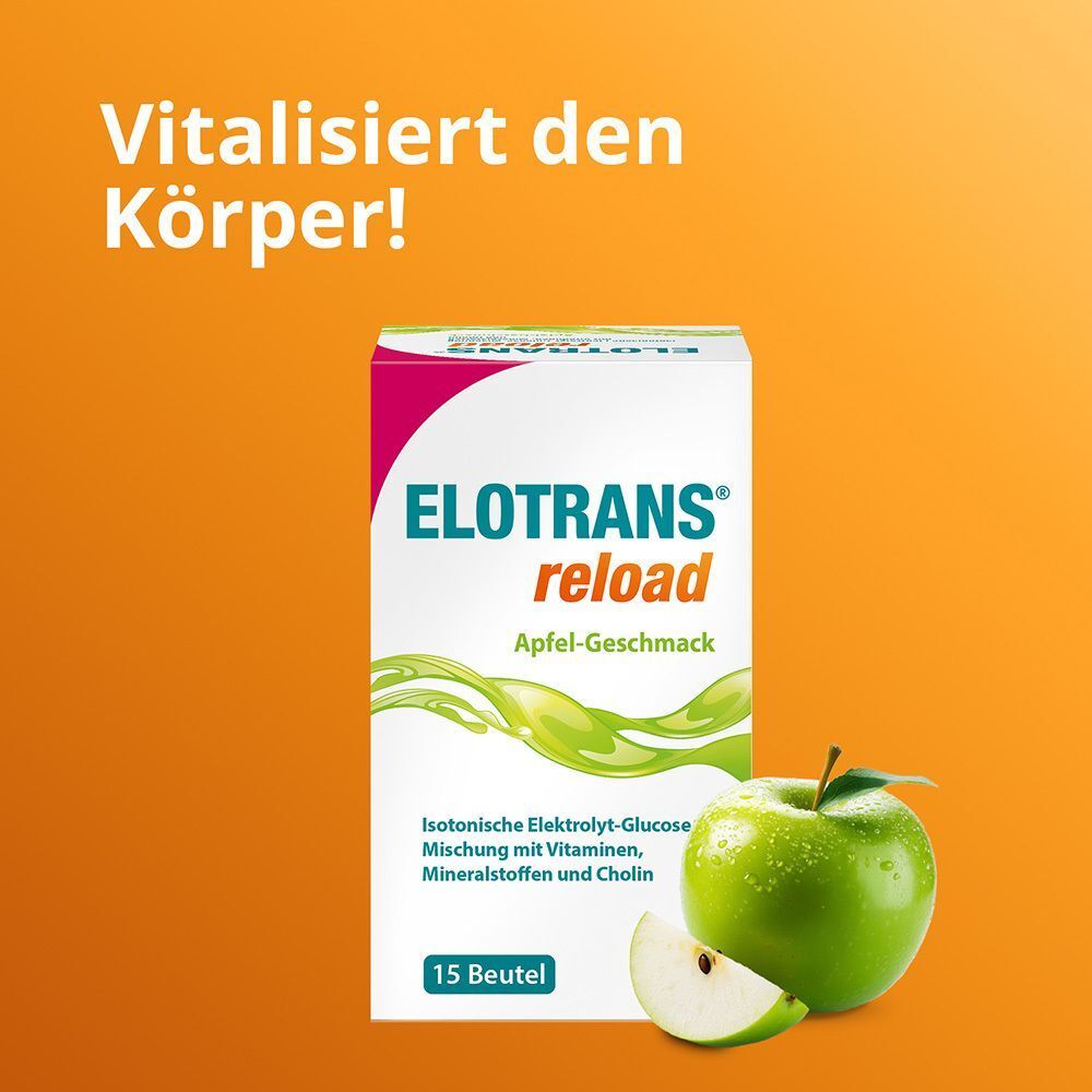 ELOTRANS reload Packung mit Apfel und Text: Vitalisiert den Körper! Apfel-Geschmack. Isotonische Elektrolyt-Glucose-Mischung mit Vitaminen, Mineralstoffen und Cholin.