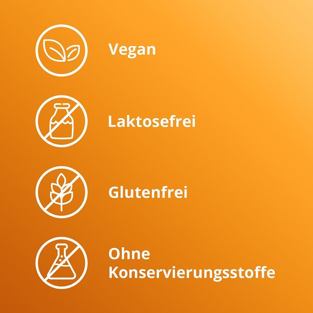 Symbole: Vegan, Laktosefrei, Glutenfrei, Ohne Konservierungsstoffe.