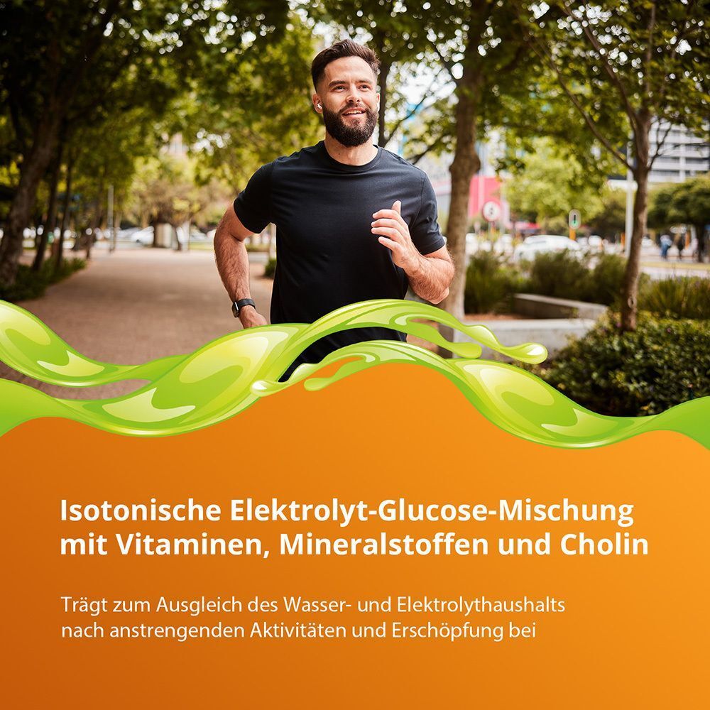 Mann joggt. Text: Isotonische Elektrolyt-Glucose-Mischung mit Vitaminen, Mineralstoffen und Cholin. Trägt zum Ausgleich des Wasser- und Elektrolythaushalts bei.