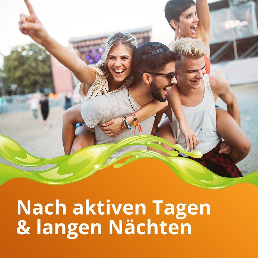 Junge Leute lachen. Text: Nach aktiven Tagen & langen Nächten.