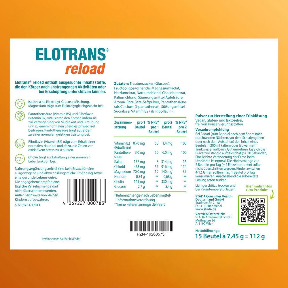 Rückseite der ELOTRANS reload Packung. Text: Zutaten, Nährwertangaben, Verzehrempfehlung. 15 Beutel à 7,45 g = 112 g.