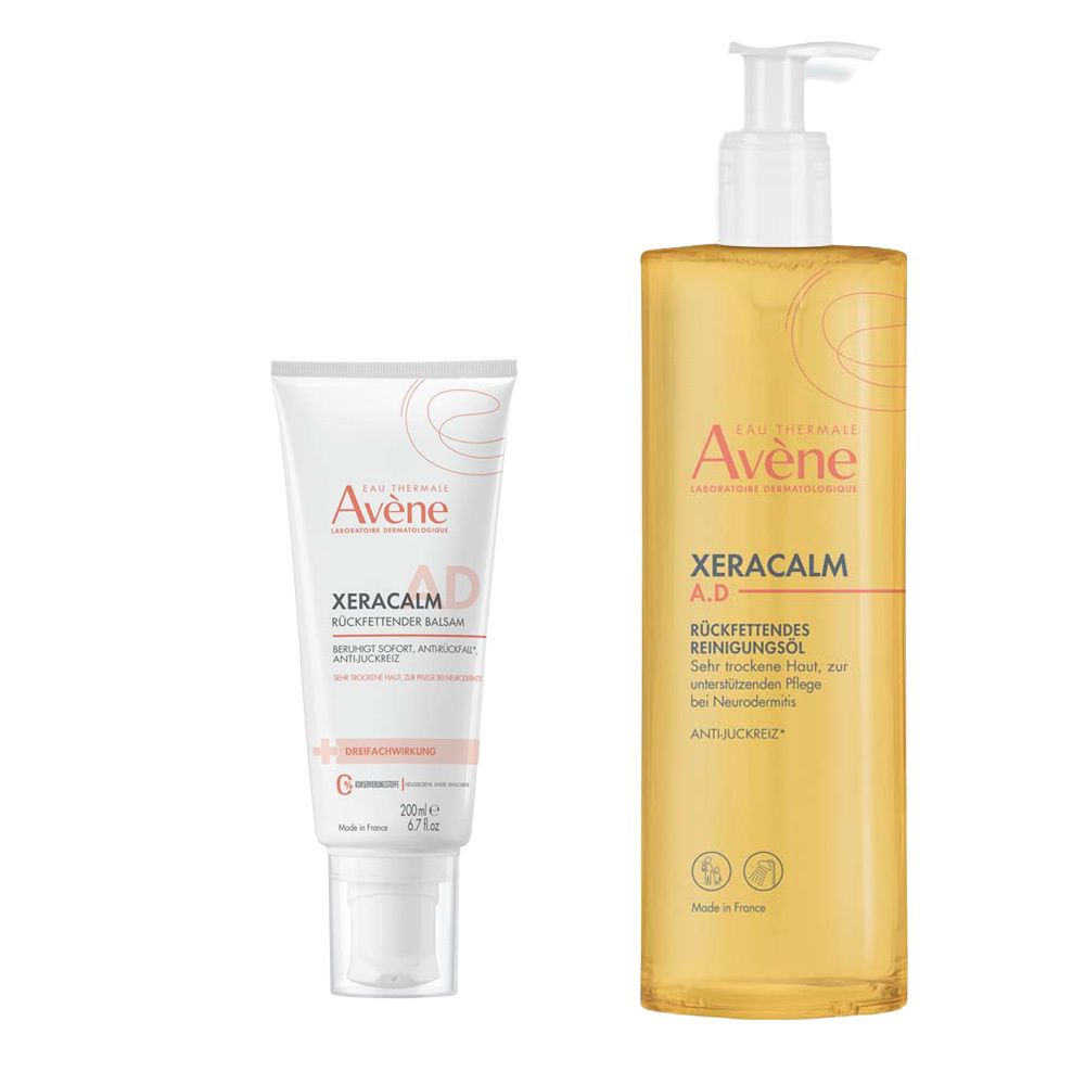 Zwei Produkte: Avène XERACALM A.D Balsam und Reinigungsöl. Beide Produkte haben weiße und gelbe Verpackungen mit Text und Logos.