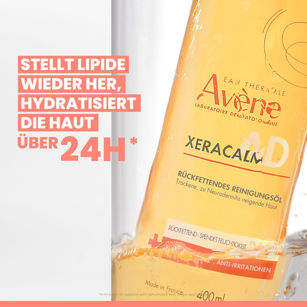 Avène XeraCalm AD Reinigungsöl. Gelbe Flasche. Text: Stellt Lipide wieder her, hydratisiert die Haut über 24h.