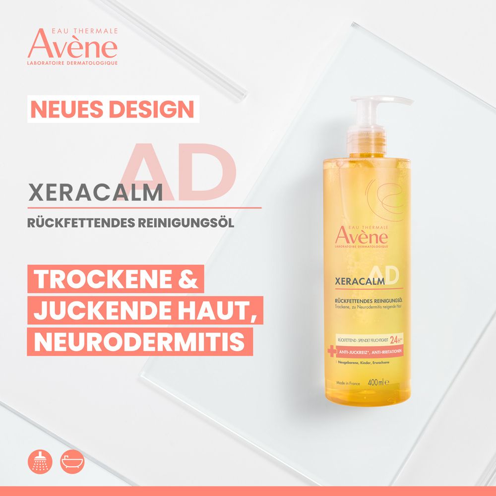 Avène XeraCalm AD Reinigungsöl. Gelbe Flasche mit Pumpkopf. Text: Trockene & juckende Haut, Neurodermitis. Neues Design.