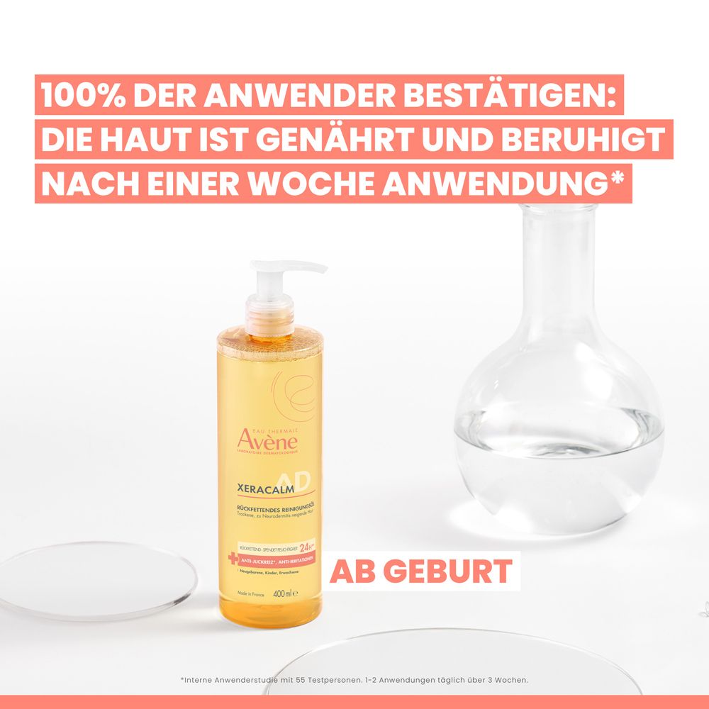 Avène XeraCalm AD Reinigungsöl. Gelbe Flasche. Text: 100% der Anwender bestätigen: Die Haut ist genährt und beruhigt nach einer Woche Anwendung.