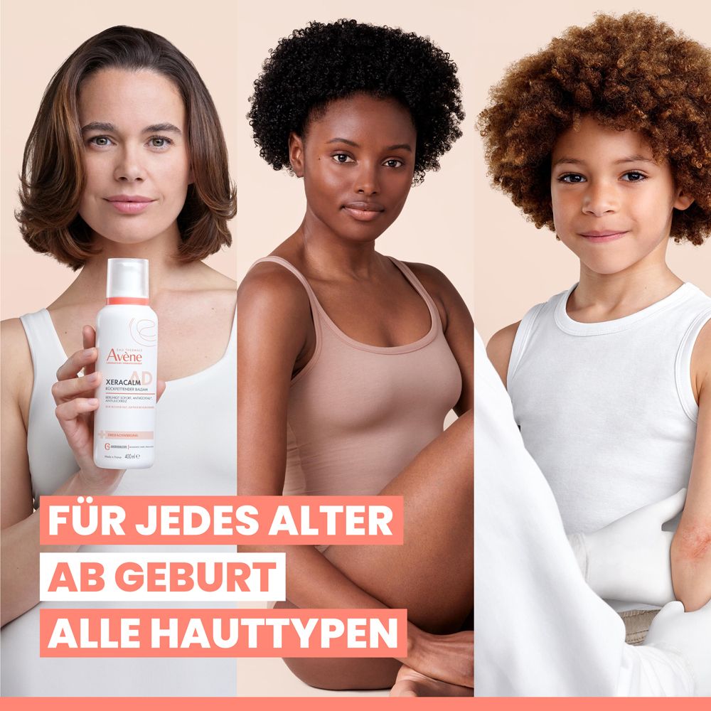 Drei Personen unterschiedlichen Alters und Hauttypen. Eine hält XeraCalm A.D. Text: Für jedes Alter ab Geburt, alle Hauttypen.