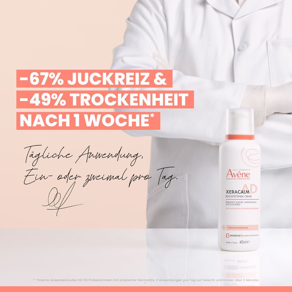 Avène XeraCalm Creme. Text: -67% Juckreiz & -49% Trockenheit nach 1 Woche. Tägliche Anwendung. Ein- oder zweimal pro Tag.