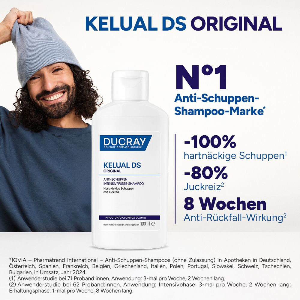 Mann mit Mütze hält KELUAL DS ORIGINAL. Text: N°1 Anti-Schuppen-Shampoo-Marke. -100% hartnäckige Schuppen, -80% Juckreiz, 8 Wochen Anti-Rückfall-Wirkung.
