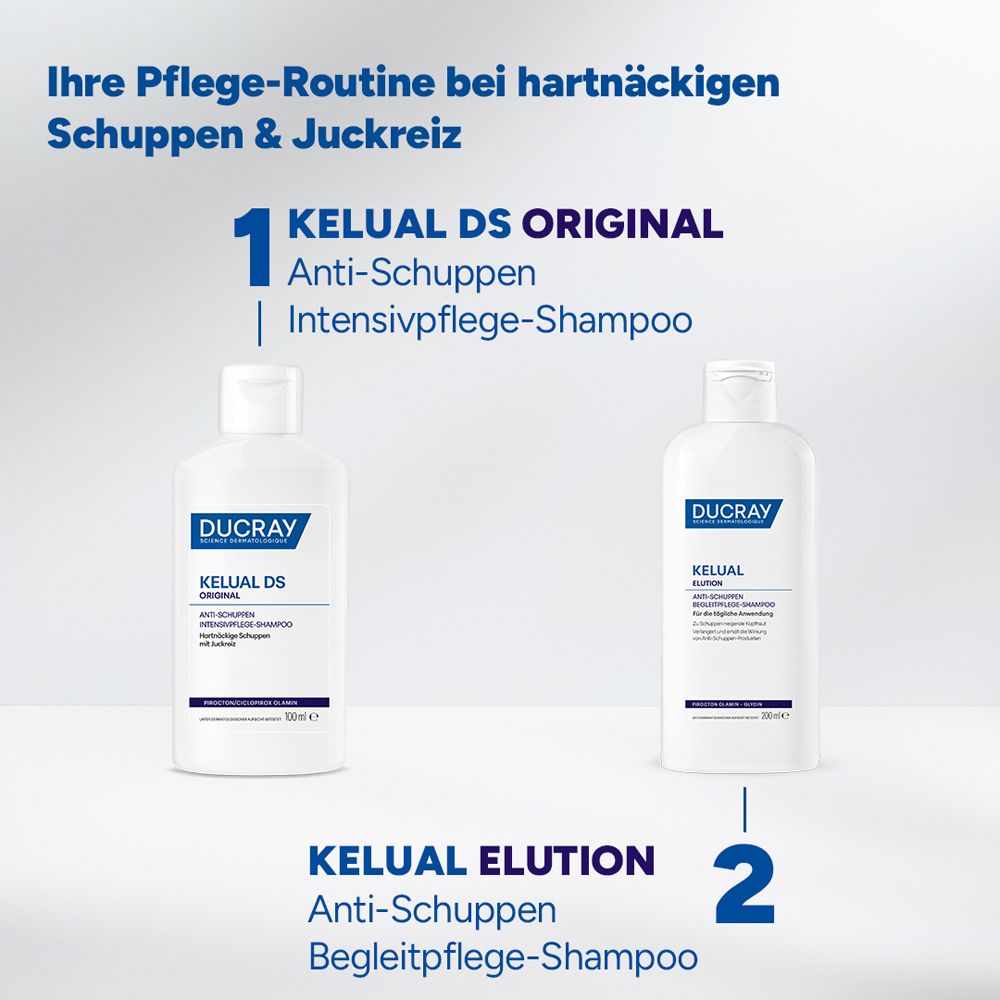 KELUAL DS ORIGINAL und KELUAL ELUTION. Text: Ihre Pflege-Routine bei hartnäckigen Schuppen & Juckreiz. Schritt 1 und 2.