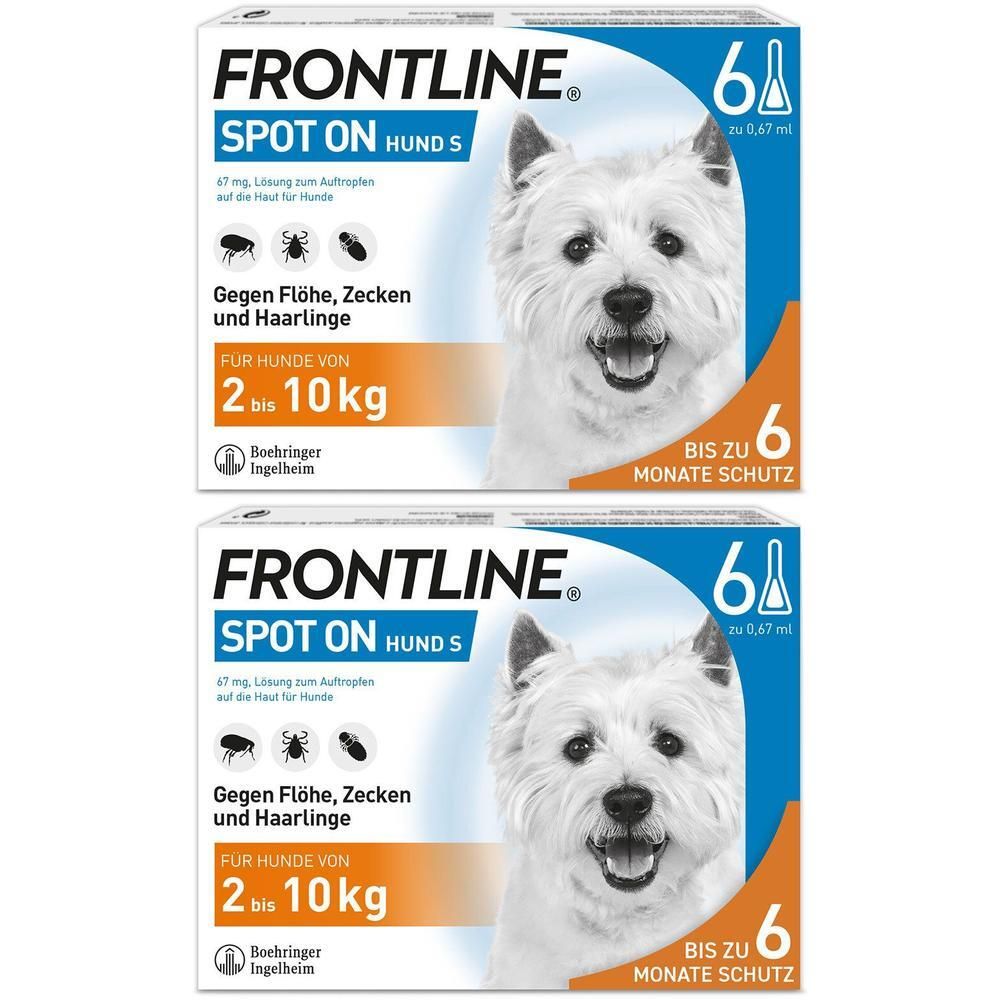 Zwei Packungen FRONTLINE® SPOT ON Hund S. Gegen Flöhe, Zecken und Haarlinge. Für Hunde von 2-10kg.